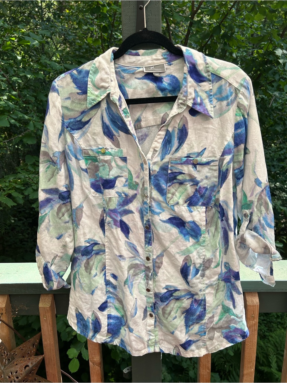 JM Collection Floral Button-Down Shirt - Blue/Green